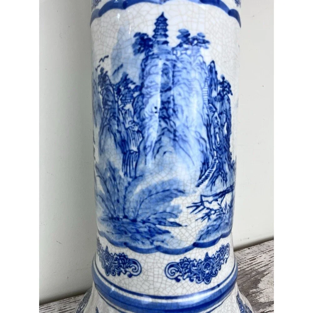 Vintage Mid Century Pedestal Shan Shui Pattern Mountain River Blue White Crazed